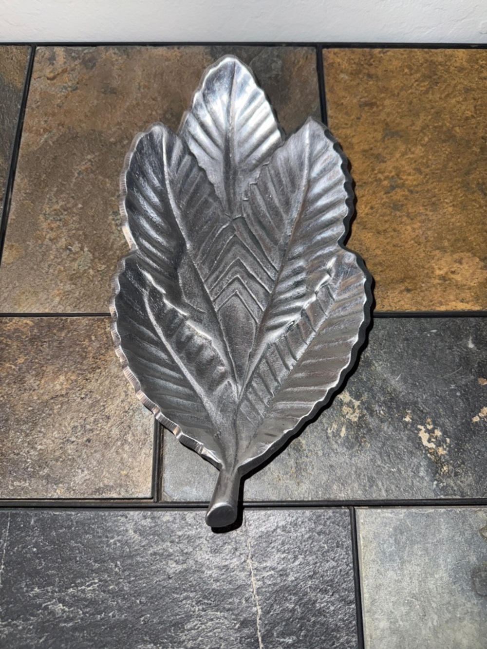 Vintage Silver Textured Leaf-Shaped Metal Catchall Made in India‎
